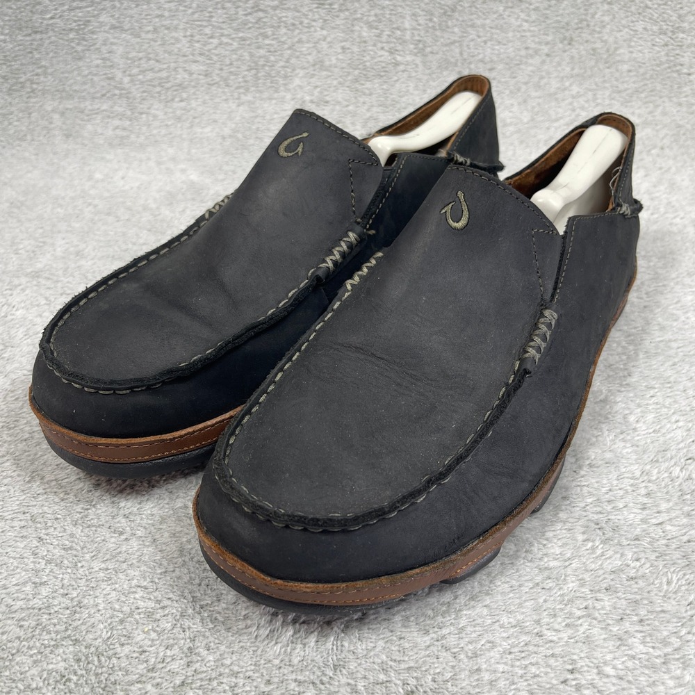 Olukai Moloa Shoes Men 9.5 Black Leather Slip On Loafers Drop-In Heel Casual